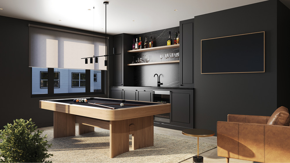 Game room with pool table opening onto a waterfront patio via glass doors.